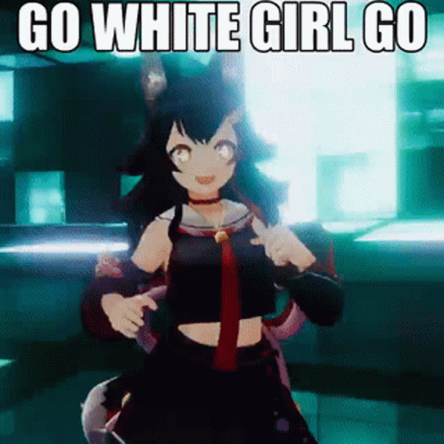 A gif showing mio from hololive dancing with the caption "go white girl go"